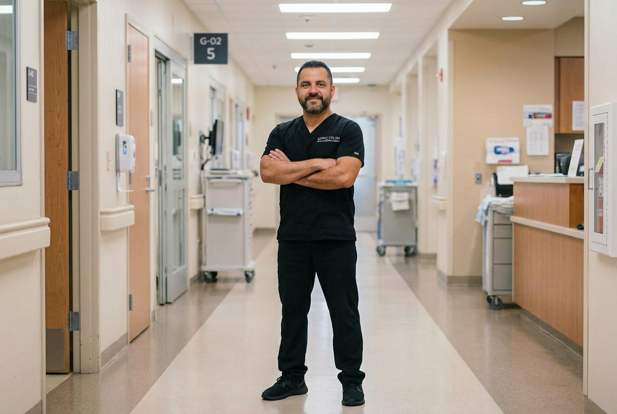 A smiling Spectrum environmental services technician standing with arms crossed in a hospital corridor