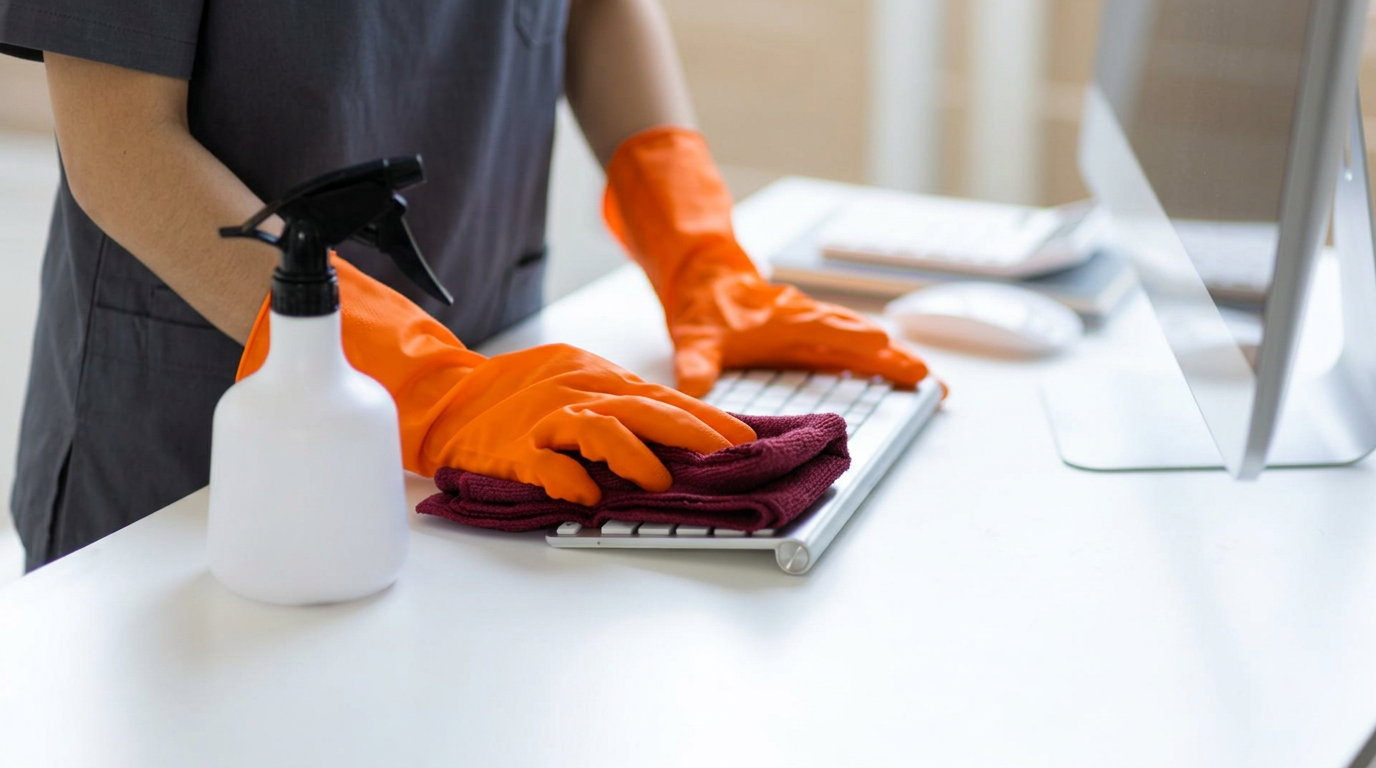 Spectrum technician in gloves disinfecting a workstation keyboard and high-touch surfaces